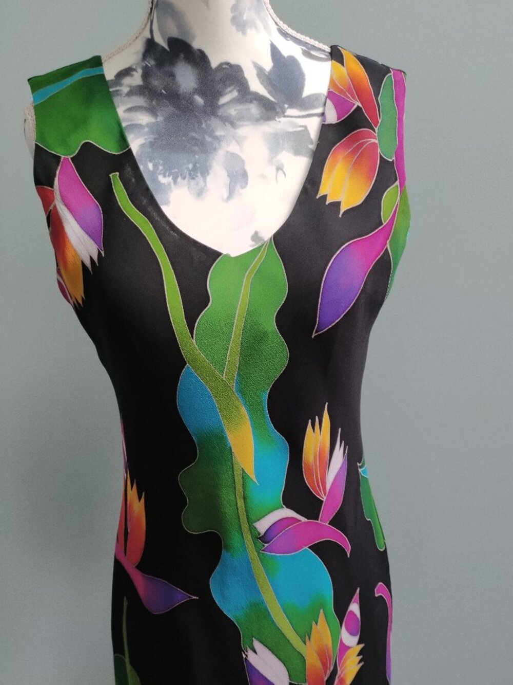 Silk Bias-Cut Black Dress with Colourful Tropical Floral Design, size S - Picture 3 of 5